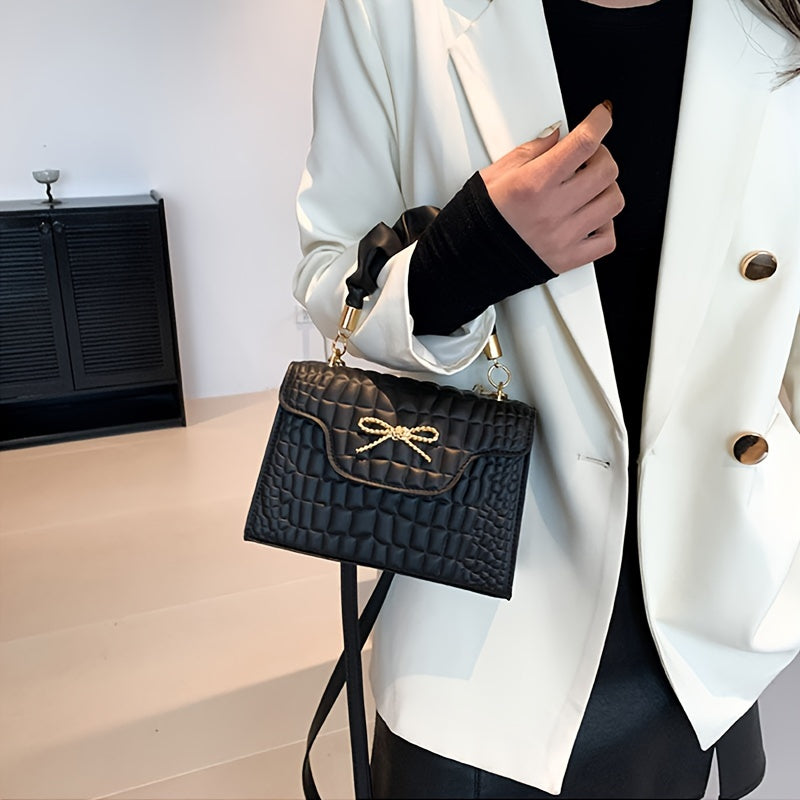 Vibrant Retro Crocodile Pattern Chic Shoulder Bag - Compact, Versatile, Fashionable, Everyday Wear with Bowknot Detail, Casual Street Style, and Chic Design - Perfect for Women's Daily Use